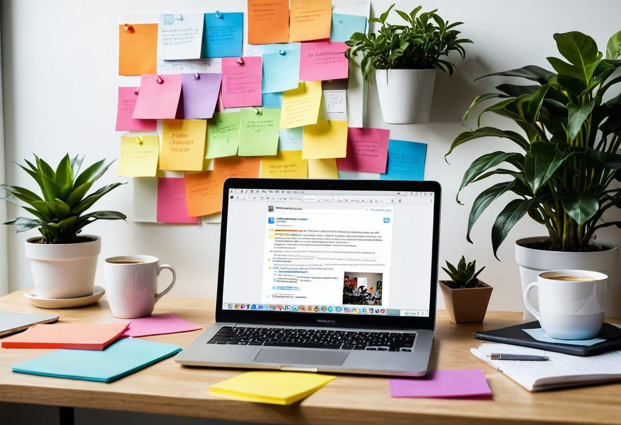 A vibrant and modern digital workspace with a laptop open, displaying engaging blog content. Surrounding the laptop are colorful sticky notes with brainstorming ideas and tips on content creation. Include a coffee cup and a potted plant for a cozy atmosphere. The background features a dynamic flow of social media icons symbolizing online presence growth. super-realistic. vibrant colors. white background.