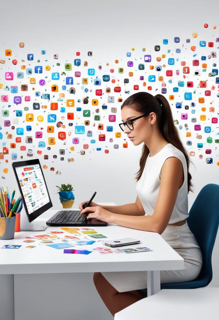 A vibrant illustration of a person writing at a desk surrounded by floating social media icons and engagement metrics, symbolizing the transformation of personal stories into online content. The background features abstract representations of various digital platforms, with bright colors and dynamic shapes that evoke a sense of creativity and connection. super-realistic. vibrant colors. white background.