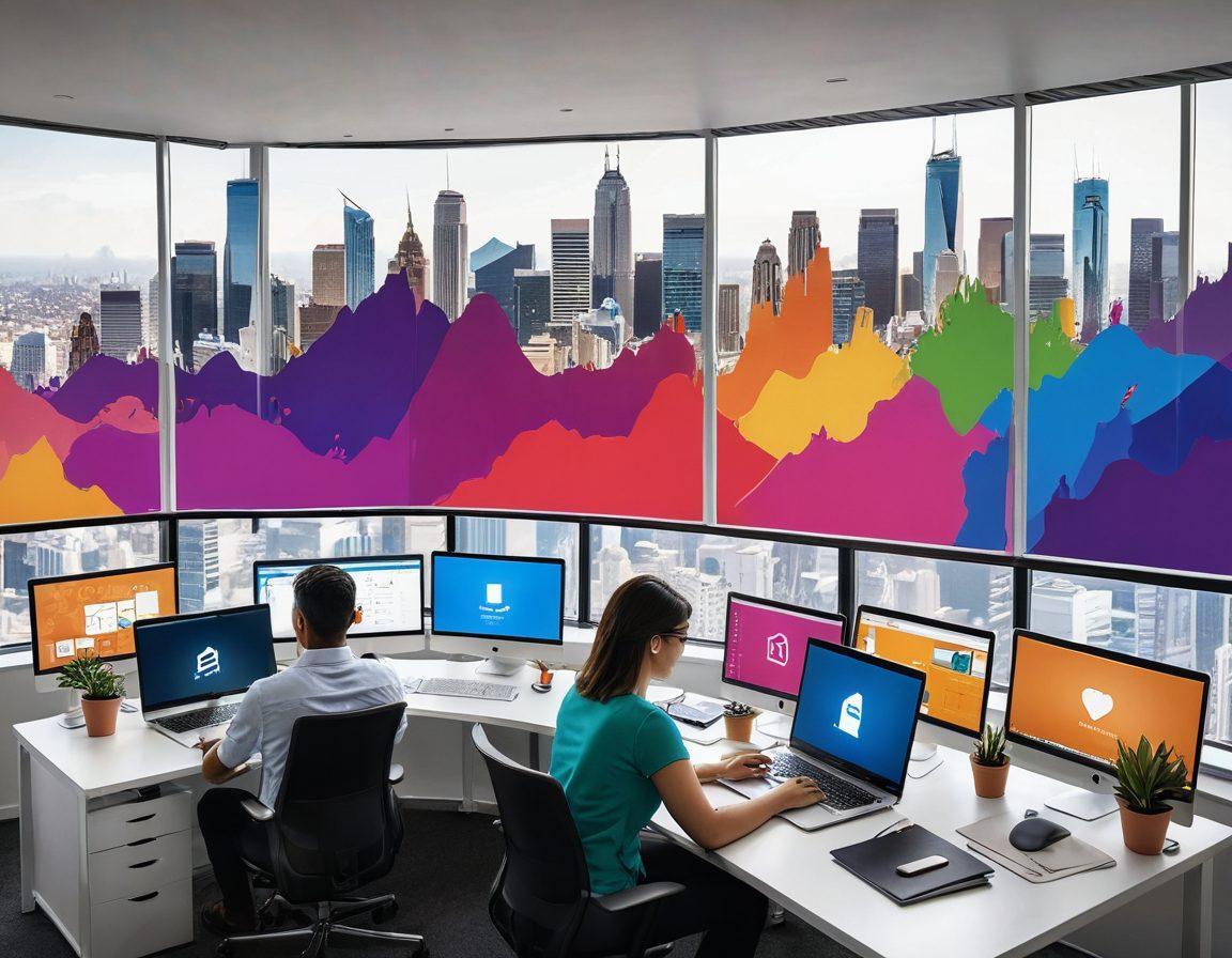 A vibrant landscape depicting a modern digital workspace filled with tools like laptops, notebooks, and smartphones revealing blog metrics. Show a diverse group of aspiring influencers collaborating and sharing ideas, surrounded by colorful charts and social media icons. Include a panoramic view of a city skyline in the background symbolizing growth and ambition. super-realistic. vibrant colors. white background.